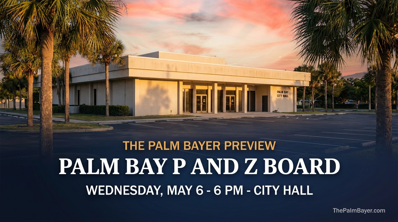 Palm Bay City Hall at sunset with title card: Palm Bay P&Z Board, Wednesday May 6 - 6 PM - City Hall
