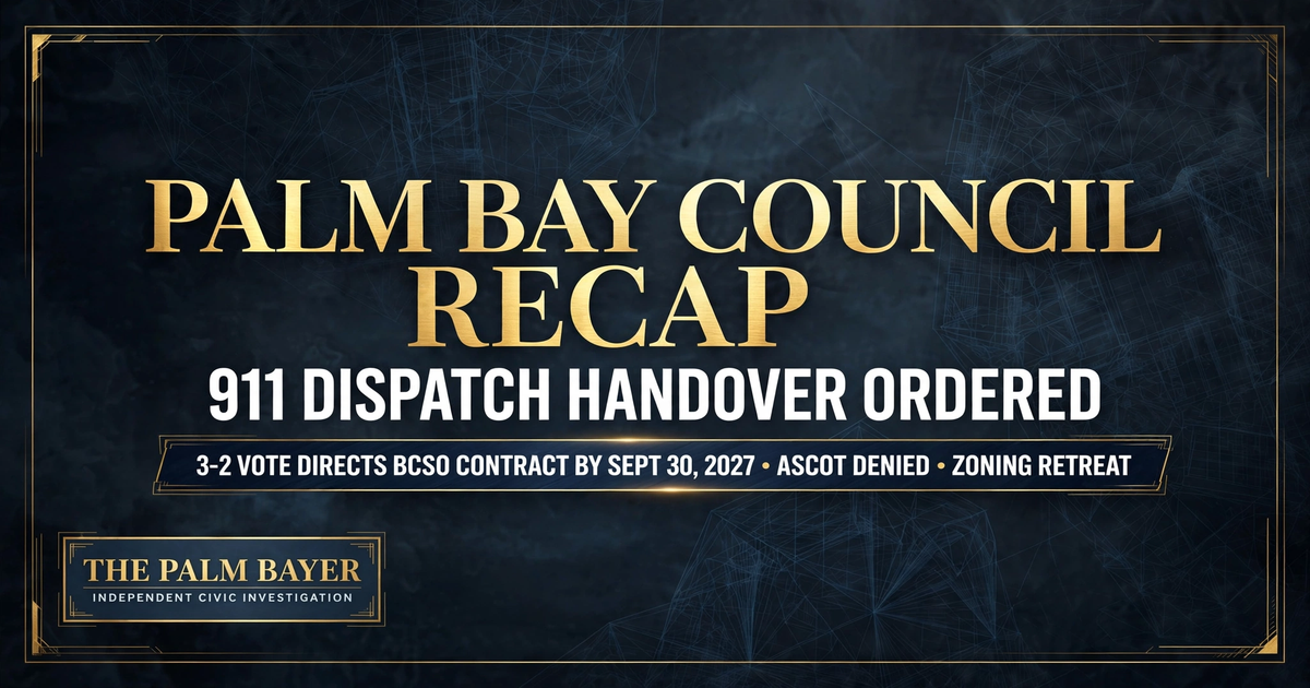 Palm Bay Council Recap: 3-2 Coalition Directs 911 Dispatch Handover to BCSO by 2027, Denies Ascot Gas Station, and Retreats on Zoning Overhaul