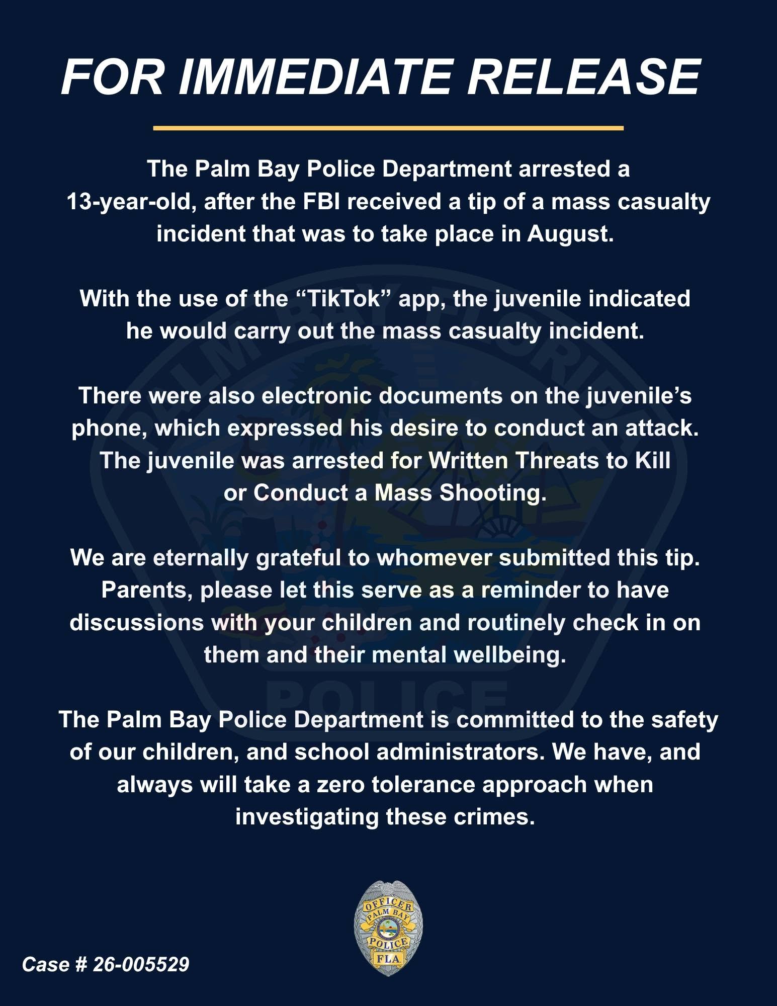 Official Palm Bay Police Department Press Release — Case # 26-005529