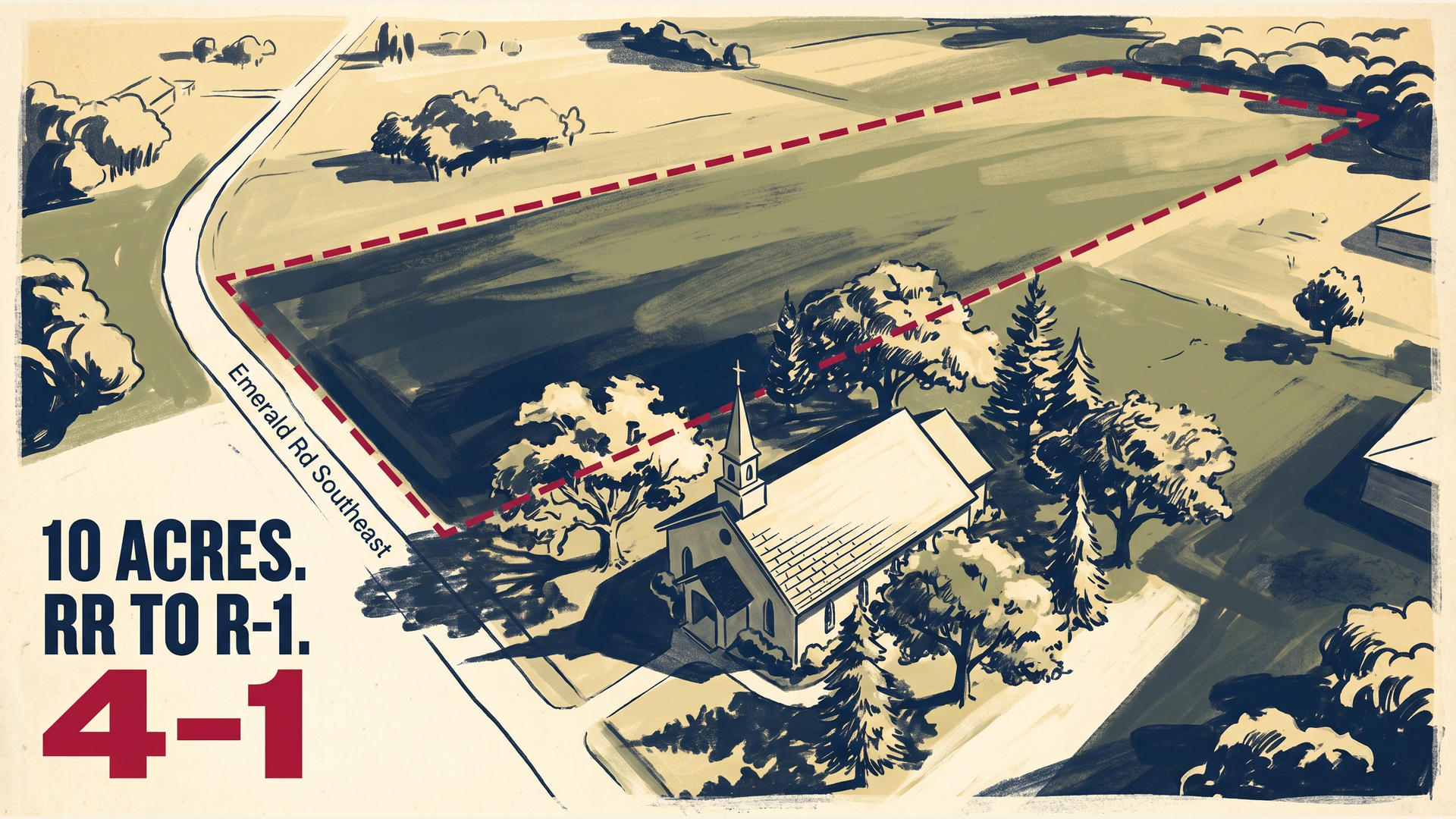 Illustrated birds-eye view of Centerpointe Church with a 10-acre parcel outlined in crimson along Emerald Road Southeast, with 10 ACRES RR TO R-1 and 4-1 vote tally overlay.