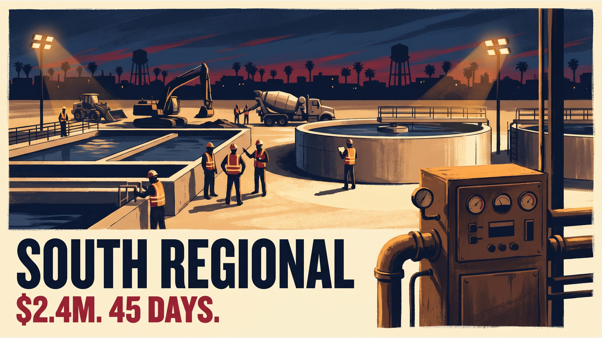 Illustrated dusk scene of construction crews and heavy equipment at the South Regional Water Reclamation Facility, with the headline SOUTH REGIONAL and $2.4M 45 DAYS overlay.